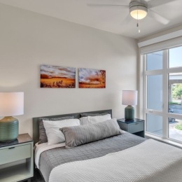 a bedroom with a bed and two nightstands